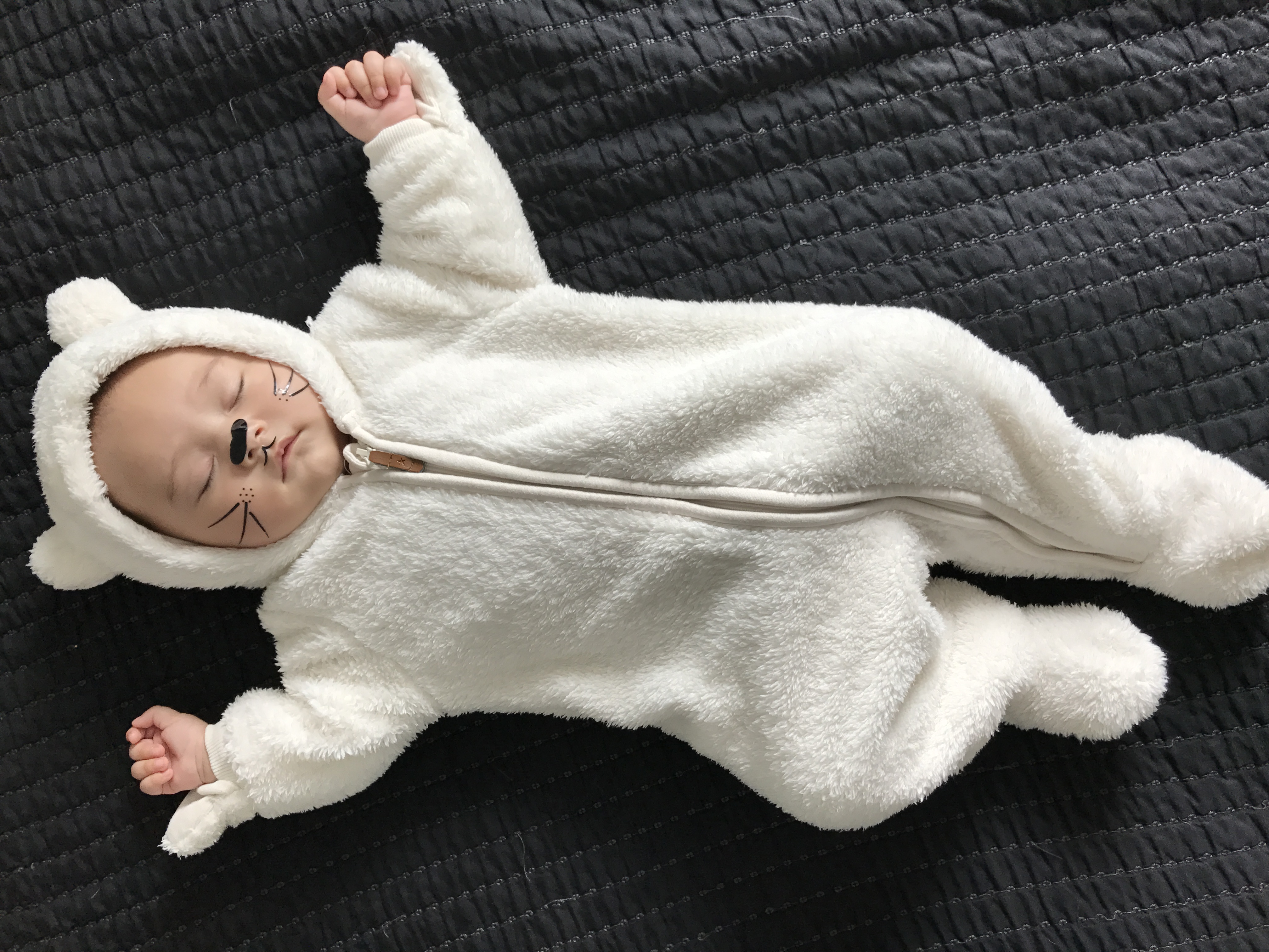 Chloe asleep in a kitten Halloween costume